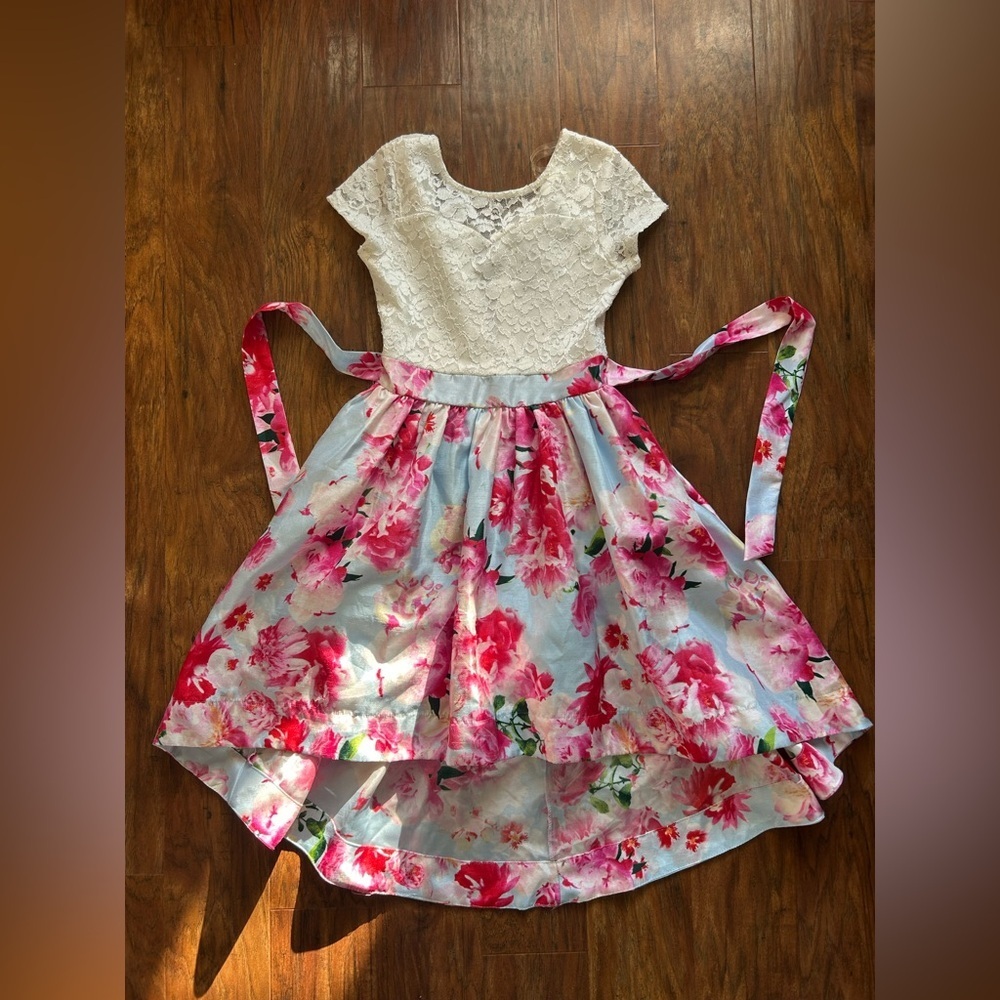White Lace Top Floral High-Low Dress with Pink Rose Print  Special Occasions